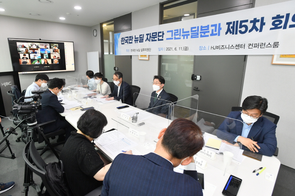 ▲이억원 기획재정부 1차관이 6월 11일 서울 광화문 HJ비즈니스센터에서 화상으로 열린 '한국판 뉴딜자문단 그린뉴딜 분과 제5차 회의'를 주재, 모두발언을 하고 있다. (사진제공=기획재정부)