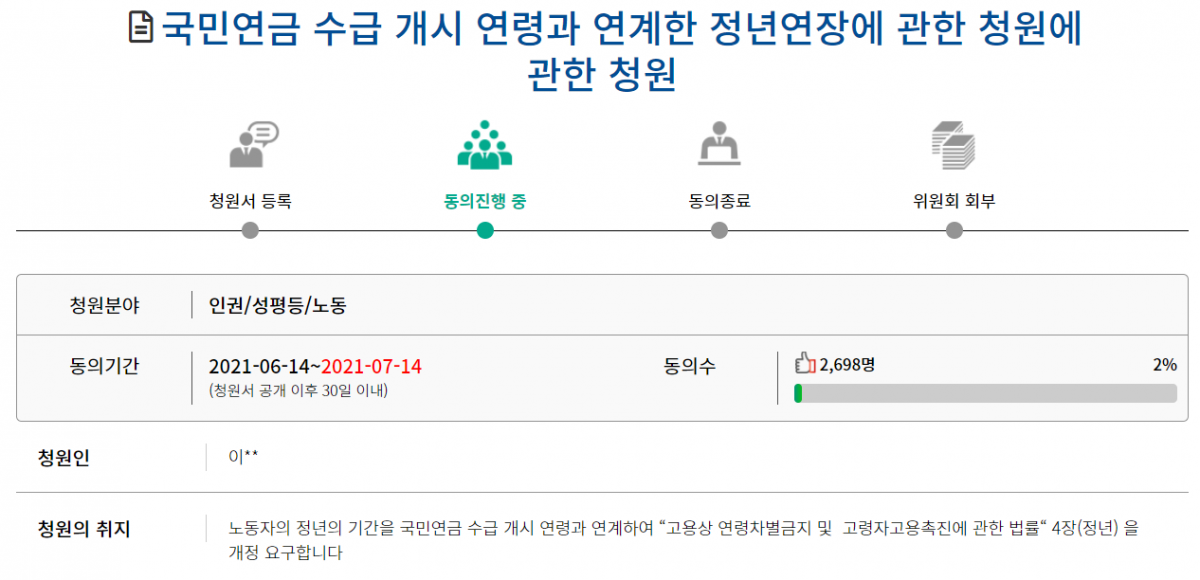 ▲3사 노조는 14일 국회 국민동의청원 사이트에 정년 연장을 법제화하는 내용의 청원을 제출했다.  (출처=국회 국민동의청원)