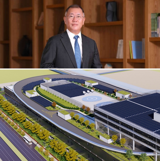 ▲정의선 회장은 올해 1월 싱가포르 현지에 날아가 건설 중인 글로벌 혁신센터(사진 아래) 현장을 점검했다. 2022년 말 완공을 목표로 한 센터는 UAM 이착륙장의 실증 설비로 알려져 있다.   (사진제공=현대차그룹)