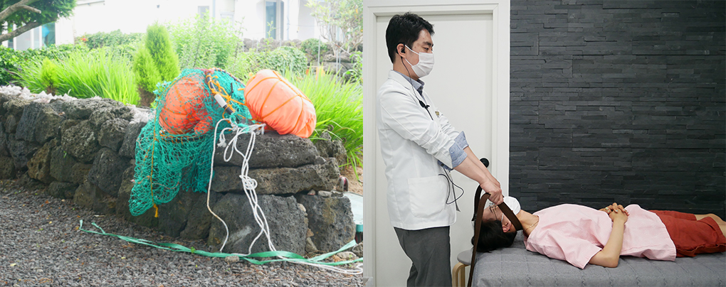 ▲제주 해녀가 사용하는 테왁과 해녀 진료비 지원 의료기관 치료(김민범한의원 제공)