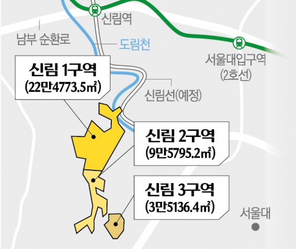 ▲서울 관악구 신림1구역 재개발 사업의 시공사 입찰이 한 차례 유찰됐다. 신림뉴타운 위치도.