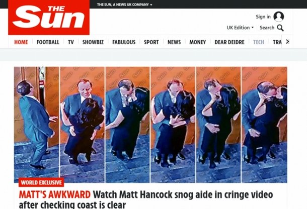 ▲영국 보건부 장관이 거리두기 수칙을 어기고 보좌관과 뜨거운 입맞춤을 나누는 영상이 공개돼 사임했다. 가정이 있는 두 사람은 각각 자녀가 3명이 있는 것으로 알려졌다. (출처=영국 더선 홈페이지 캡처)