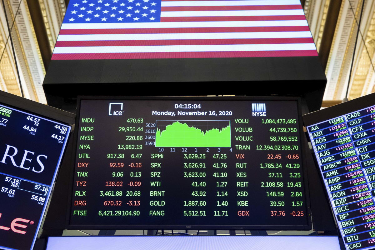 ▲미국 뉴욕증권거래소(NYSE) 전광판에 다우지수 현황이 보인다. 뉴욕/AP뉴시스