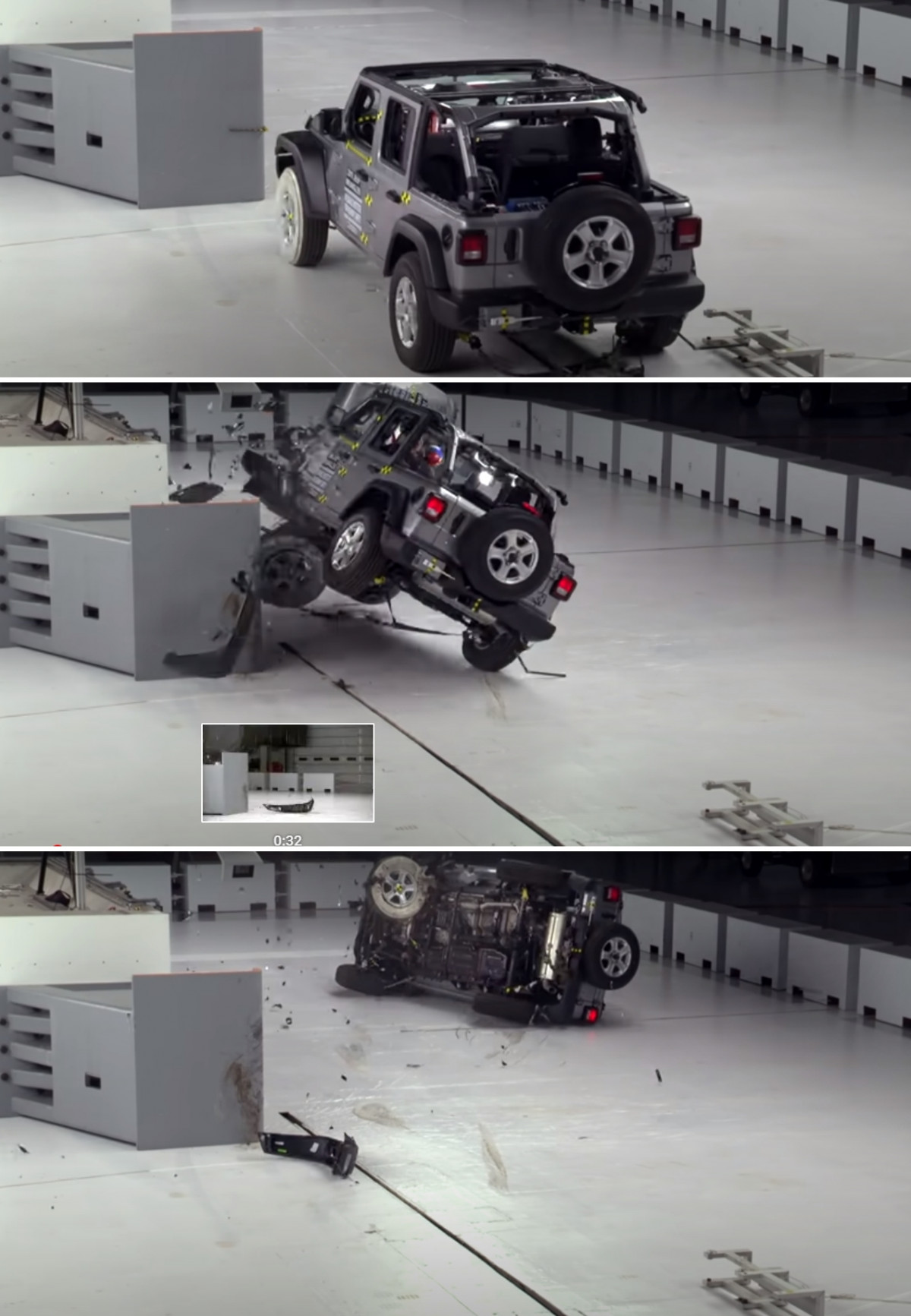 ▲'보디 온 프레임' 구조를 지닌 지프 랭글러의 '스몰 오버랩 충돌테스트' 모습. 단단한 프레임이 찌그러지지 못하자 결국 충격을 이기지 못하고 차가 전복됐다.  (출처=프레스룸IIHS)