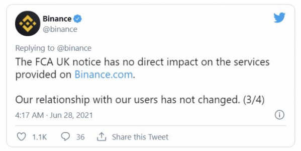 ▲바이낸스가 27일(현지시간) 트위터를 통해 영국 금융당국의 규제가 자사 서비스에 직접적인 영향을 주지 않는다고 밝혔다. 트위터 캡처