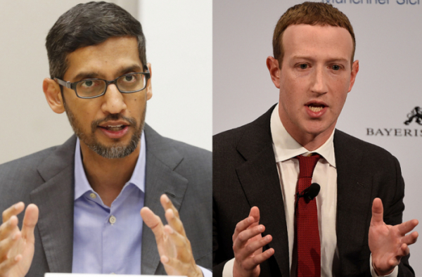 ▲회사의 성장과 달리 리더십 위기를 맞고 있는 순다르 피차이 구글 CEO(왼쪽)와 마크 주커버그 페이스북 CEO. (AP/뉴시스)