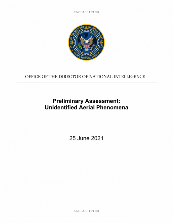 ▲미국 국가정보국장실(ODNI)가 공개한 미확인 비행현상 보고서 첫 페이지 (미국 국가정보국장실)