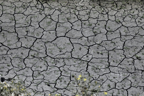 ▲24일 가뭄으로 갈라진 바닥을 드러낸 캘리포니아주 아주사 지역의 샌 가브리엘 강과 호수. (신화/뉴시스)