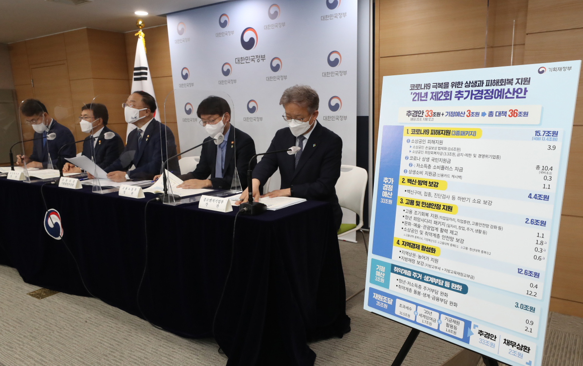 ▲홍남기 경제부총리 겸 기획재정부 장관이 지난 6월 29일 정부서울청사에서 2021 제2회 추가경정예산안에 관해 사전 브리핑을 하고 있다. 오른쪽부터 권칠승 중소벤처기업부 장관, 안경덕 고용노동부 장관, 홍남기 경제부총리, 권덕철 보건복지부 장관, 이재영 행정안전부 차관.  (연합뉴스)