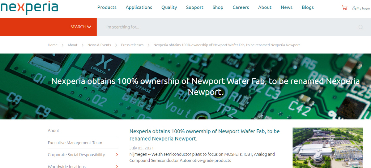 ▲넥스페리아가 5일(현지시간) 홈페이지를 통해 뉴포트웨이퍼팹(NWF) 인수 완료 사실을 알렸다. 출처 넥스페리아 홈페이지
