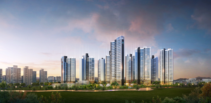 ▲한라가 이달 충남 아산시에서 분양하는 ‘아산 한라비발디 스마트밸리’ 아파트 투시도.