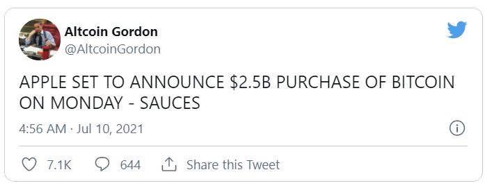 ▲알트코인 고든이란 가상화폐 인플루언서가 10일(현지시간) 애플 비트코인 매입설을 제기한 트윗. 트위터 캡처 