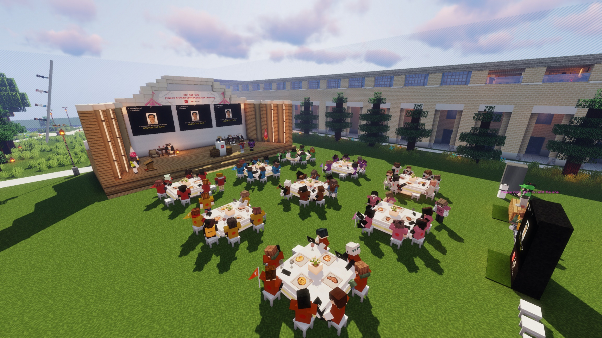 ▲LG전자가 최근 소프트웨어 전문가 교육과정을 마친 직원들을 대상으로 메타버스 수료식을 열었다. 아바타의 모습으로 수료식에 참가한 직원들은 LG전자가 가상공간에 구축한 CMU(Carnegie Mellon University) 캠퍼스 행사장에서 수료증을 받고 동료들과 수료의 기쁨을 나눴다. (사진제공=LG전자)