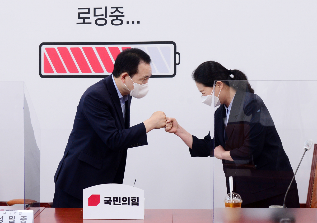 ▲20일 오전 서울 여의도 국회에서 열린 국민의힘-국민의당 합당 관련 양당 실무협상단 회의에서 성일종 국민의힘 의원(왼쪽)과 권은희 국민의당 원내대표가 인사하고 있다. (연합뉴스)