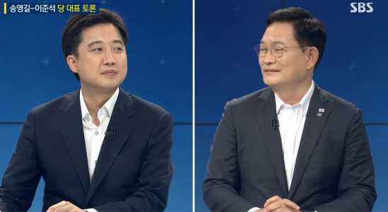 ▲이준석 국민의힘 대표와 송영길 더불어민주당 대표가 21일 SBS에 함께 출연했다. (SBS 유튜브 캡쳐)