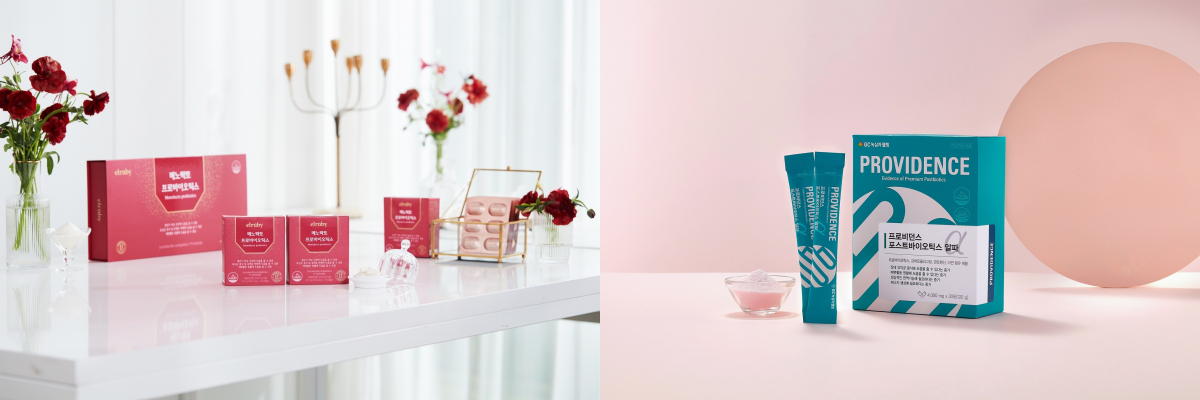 ▲휴온스의 ‘엘루비 메노락트 프로바이오틱스’(왼쪽부터),  GC녹십자웰빙 ‘프로비던스 포스트바이오틱스 알파’ (사진제공=각사)