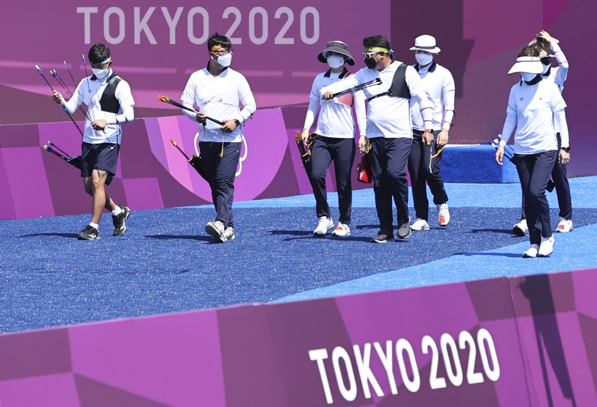 ▲21일 일본 도쿄 유메노시마 공원 양궁장에서 훈련 중인 우리나라의 양궁 대표팀 선수단 (연합뉴스)