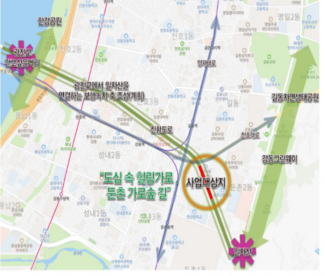 ▲서울 강동구 둔촌 가로숲길 위치도. (자료제공=서울시)