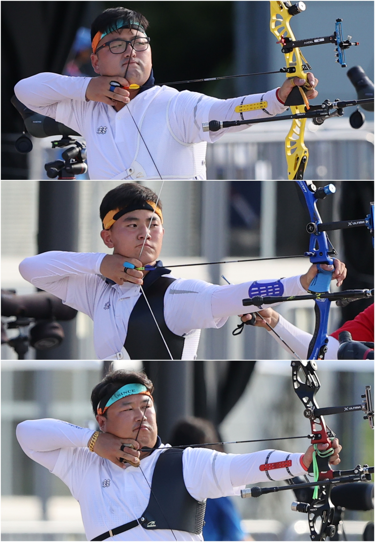 ▲양궁 남자 단체전 금메달에 도전하는 대표팀. 위에서부터 김우진, 김제덕, 오진혁 (연합뉴스)