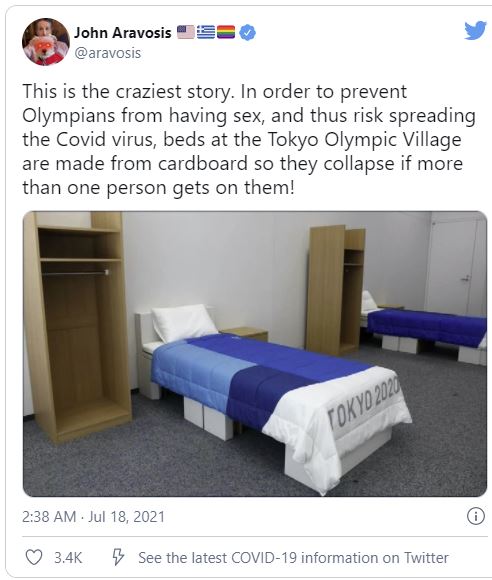 ▲인기 블로거 존 아라보시스가 자신의 트위터에서 도쿄올림픽 선수촌의 골판지 침대를 노골적으로 비판했다. (John Aravosis 트위터)