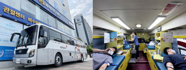 ▲서울예스병원 본관을 방문한 헌혈버스, 대한적십자사 헌혈버스에서 헌혈중인 서울예스병원 임직원