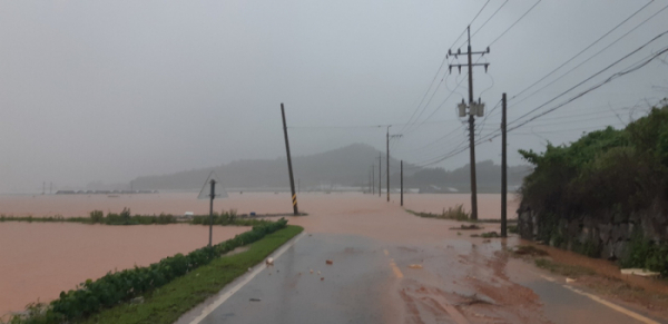▲6일 오전 전남에 폭우가 내린 가운데 해남군 화산면 관동마을 도로와 농경지가 물에 잠겨 있다.  (연합뉴스)