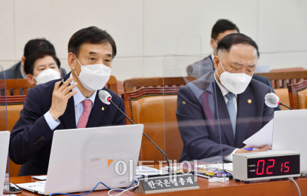 ▲이주열(왼쪽) 한국은행 총재가 지난달 16일 국회에 참석해 발언하고 있다. (고이란 기자 photoeran@)