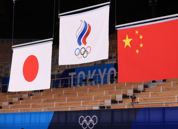 ▲26일 열린 2020 도쿄올림픽 기계체조 남자 단체 메달 수여식 전경 (연합뉴스)