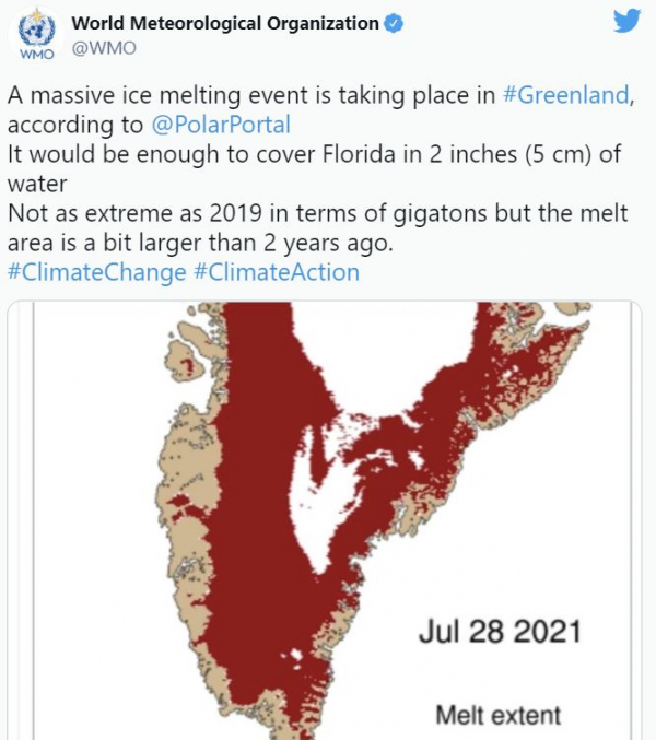 ▲세계기상기구가 29일(현지시간) 트위터를 통해 그린란드의 빙하가 27일 하루에만 플로리다 주를 2인치 물로 덮을 만큼의 양이 녹아내렸다고 밝혔다. 트위터 캡처 