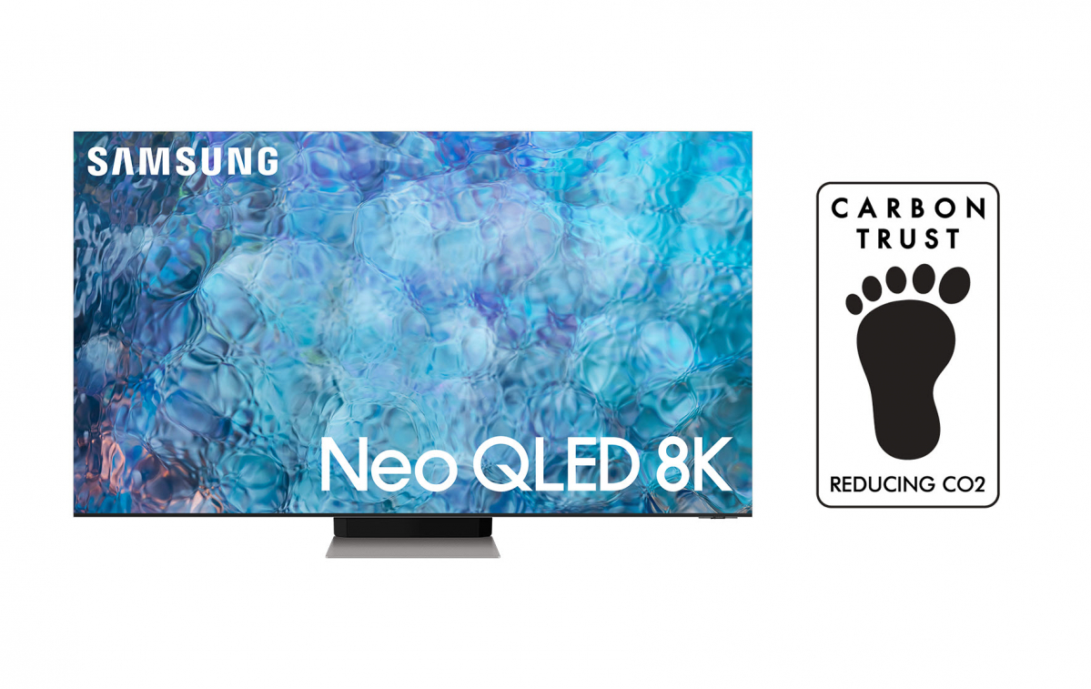 ▲삼성 Neo QLED 8K 모델과 Reducing CO2 인증 로고 이미지 (사진제공=삼성전자)