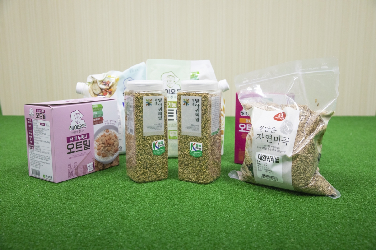 ▲두보식품에서 항치매 성분이 많은 '대양' 귀리를 활용해 개발한 다양한 제품들. (사진제공=농업기술실용화재단)