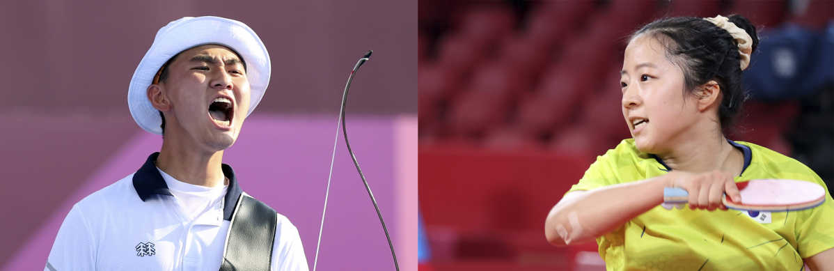 ▲2020 도쿄올림픽에서 나란히 종목별 최연소 국가대표를 단 ‘17세 동갑내기’ 김제덕(왼쪽)과 신유빈 선수. 사진은 김제덕이 도쿄올림픽 양궁 혼성 단체전 결승전에서 파이팅을 외치는 모습과 신유빈이 여자 탁구 단체전 8강전에서 독일을 맞아 경기를 펼치고 있다. (도쿄(일본)=뉴시스)