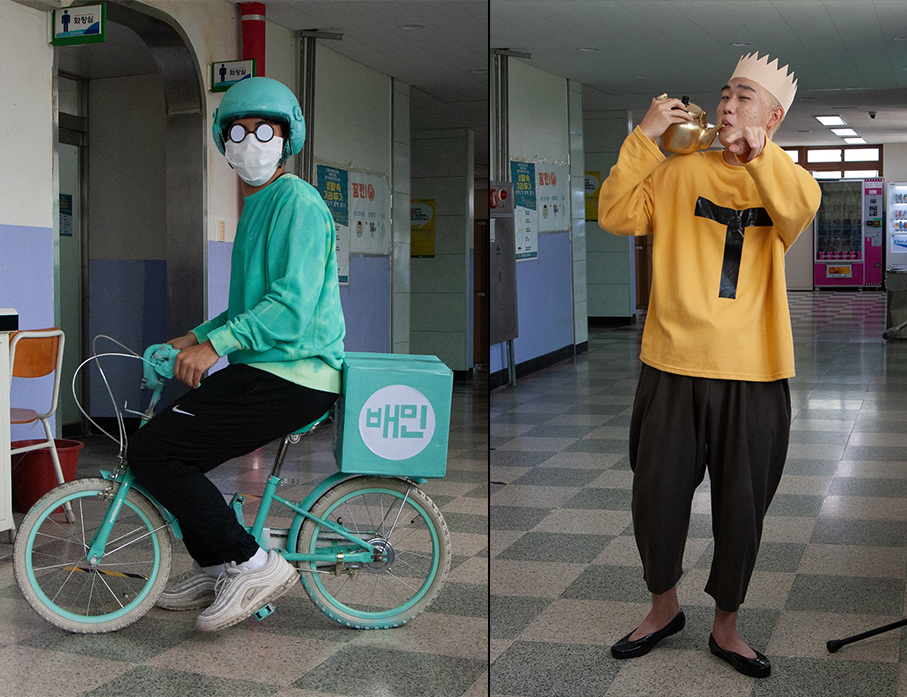 ▲배달의 민족 패러디(왼쪽)과 검정고무신 기영이를 패러디한 의정부고등학교 학생 (사진제공=의정부고등학교 학생자치회)