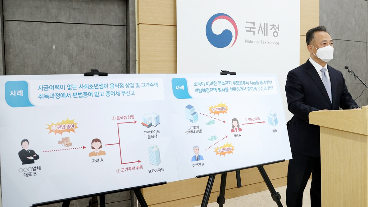 ▲박재형 국세청 자산과세국장이 19일 정부세종청사에서 편법증여 세무조사에 대한 브리핑을 하고 있다. (사진제공=국세청)