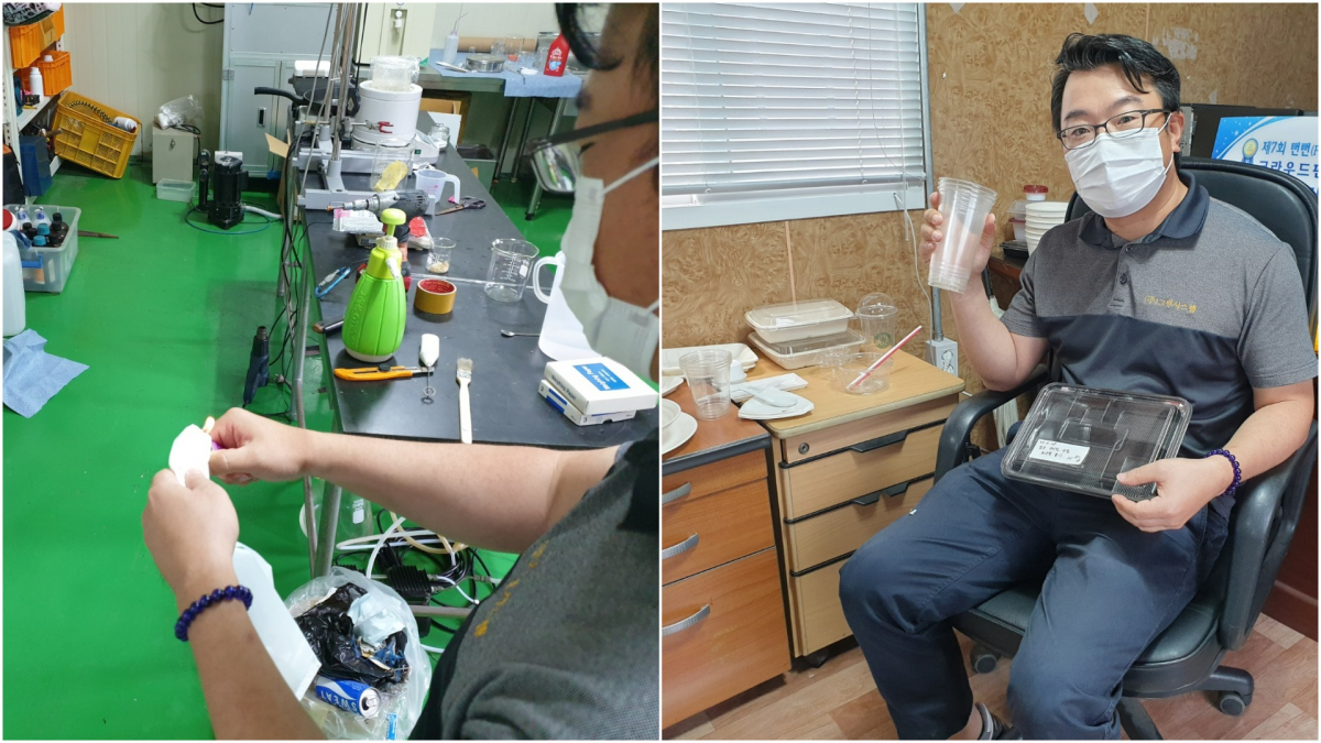 ▲이용한 그린바이오 부사장이 비닐에 불을 붙이고(왼쪽) 그린바이오가 제작한 생분해 플라스틱 제품에 대해 설명하고 있다. (심민규 기자 wildboar@)