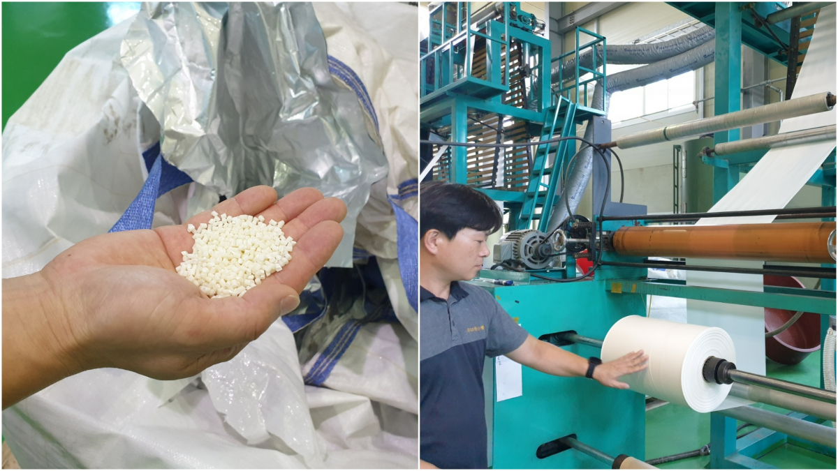 ▲전라남도 함평 동함평산업단지에 있는 그린바이오 공장에서 신규석 이사가 생분해성 원재료와 제조 과정에 대해 설명하고 있다. (심민규 기자 wildboar@)