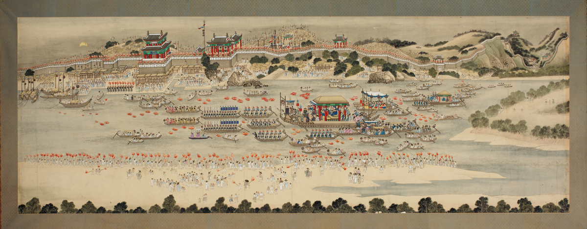 ▲단원 김홍도가 그린 '월야선유도'. 수백명의 관리와 군졸, 백성들이 대동강에서 새 평안감사의 부임을 축하하는 장면은 당시 발전한 평양의 모습과 함께 평안감사의 권세를 보여준다. (국립중앙박물관)