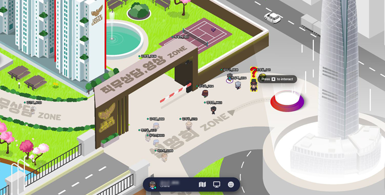 ▲롯데건설이 건설업계 최초로 메타버스를 활용한 채용설명회를 개최했다 .롯데건설 메타버스 채용설명회 내 직무상담 존.