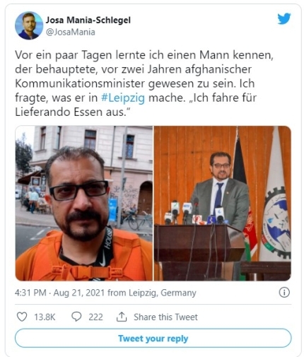 ▲아프가니스탄 정보통신부 장관을 지낸 시에드 아흐마드 샤 사디트는 지난해 12월 가족들과 독일로 건너와 정착한 뒤 피자 배달을 시작했다. (출처=요사 마니아슐레겔 트위터 캡처)