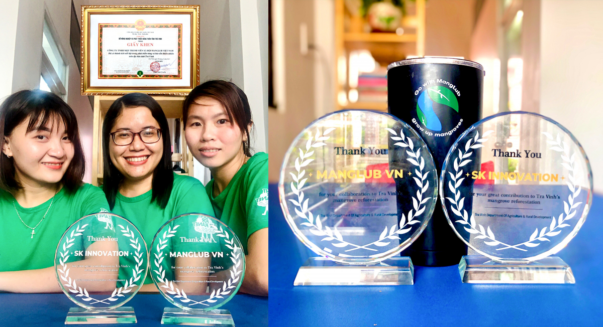 ▲SK이노베이션과 사회적기업 ‘맹그러브’는 베트남 짜빈성 정부로부터 맹그로브숲 복원사업 성과와 기여를 인정받아 공로상을 받았다. (사진제공=SK이노베이션)