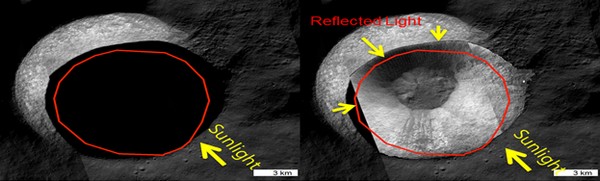 ▲섀도캠으로 촬영한 달 극지역 크레이터의 예상 모습. 보통의 카메라 이용 시(왼쪽)와 섀도캠으로 촬영 시 모습이다. (사진제공=과학기술정보통신부)