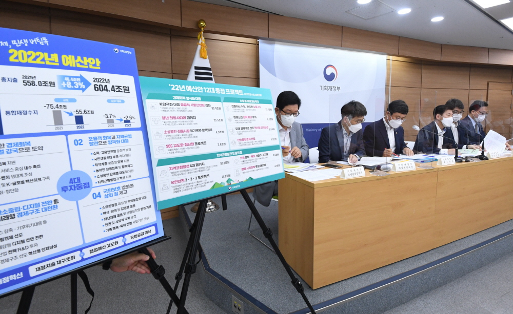 ▲최상대 기획재정부 예산실장이 8월 27일 정부세종청사에서 열린 '2022년 예산안 및 2021~2025년 국가재정운용계획 상세브리핑'에서 모두발언을 하고 있다. 사진 왼쪽부터 고광효 조세총괄정책관, 나주범 재정혁신국장, 안도걸 2차관, 최상대 실장, 김완섭 예산총괄심의관, 김병환 경제정책국장. (사진제공=기획재정부)