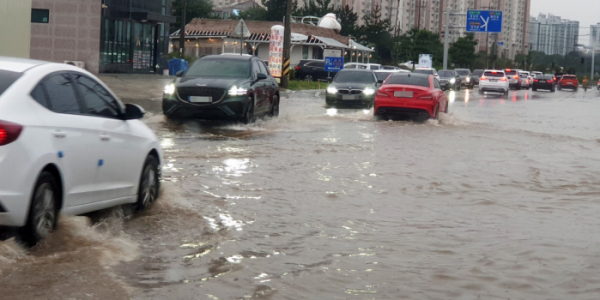 ▲8일 오후 호우경보가 내려진 강원 강릉 시내에서 차들이 물에 잠긴 도로를 운행하고 있다. (연합뉴스)