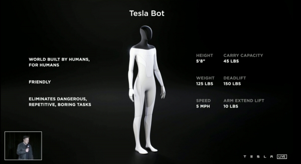 ▲일론 머스크 테슬라 CEO가 20일 열린 AI 데이에서 인간형 로봇을 공개하고 있다. 출처 테슬라 웹사이트
