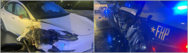 ▲28일(현지시간) 오전 미국 플로리다주 올랜도의 한 고속도로에서 테슬라 모델3(왼쪽)이 갓길에 정차된 경찰차를 들이받는 사고가 발생했다. 출처 플로리다고속도로순찰대