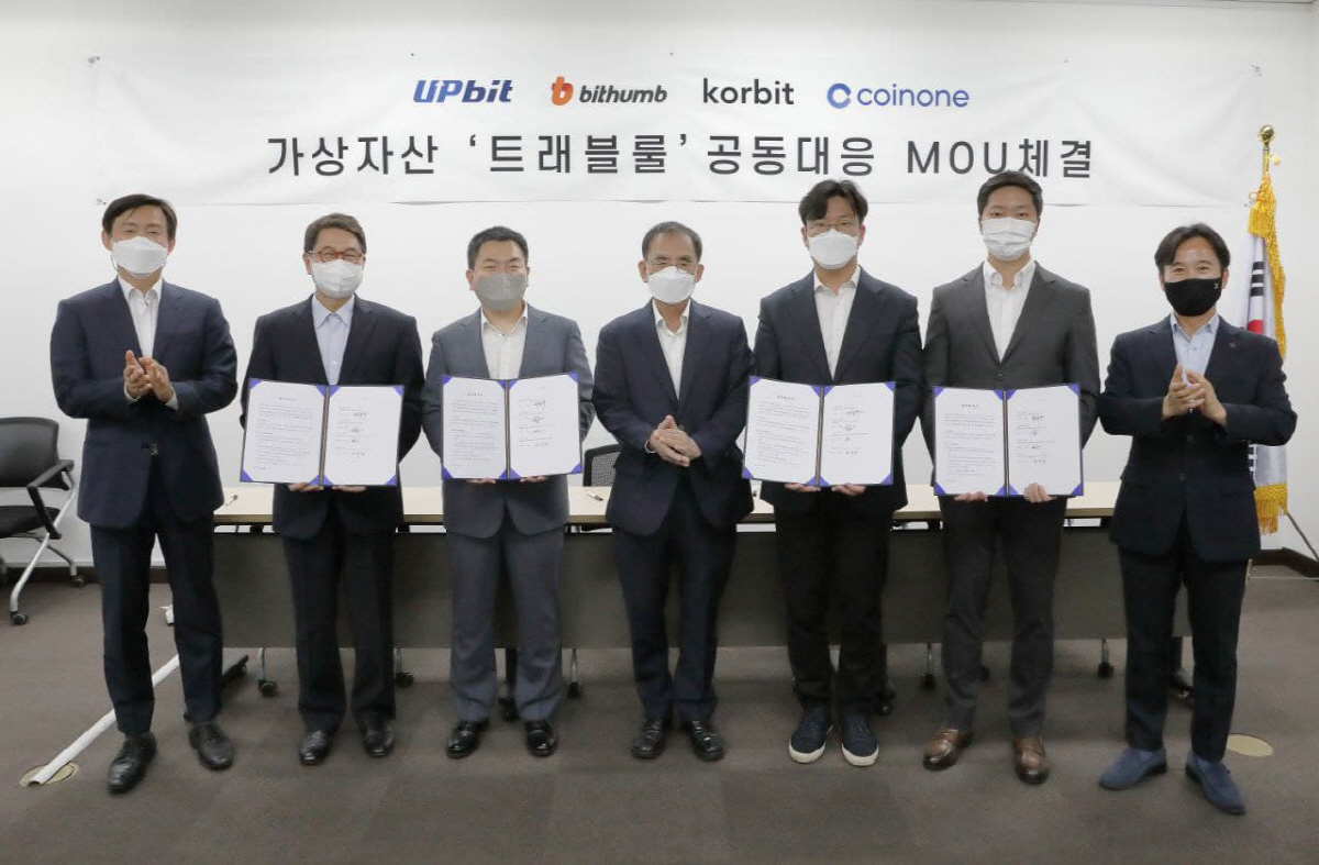 ▲왼쪽부터 이종구 한국블록체인협회 자율규제위원장, 이석우 두나무 대표, 허백영 빗썸코리아 대표, 오갑수 한국블록체인협회장, 오세진 코빗 대표, 차명훈 코인원 대표, 전중훤 한국블록체인협회 글로벌협력위원장이 6월 29일 트래블룰 합작법인 MOU를 맺는 모습. 이후 7월 27일 두나무는 합작법인 논의에 참여하지 않겠다 발표했다.