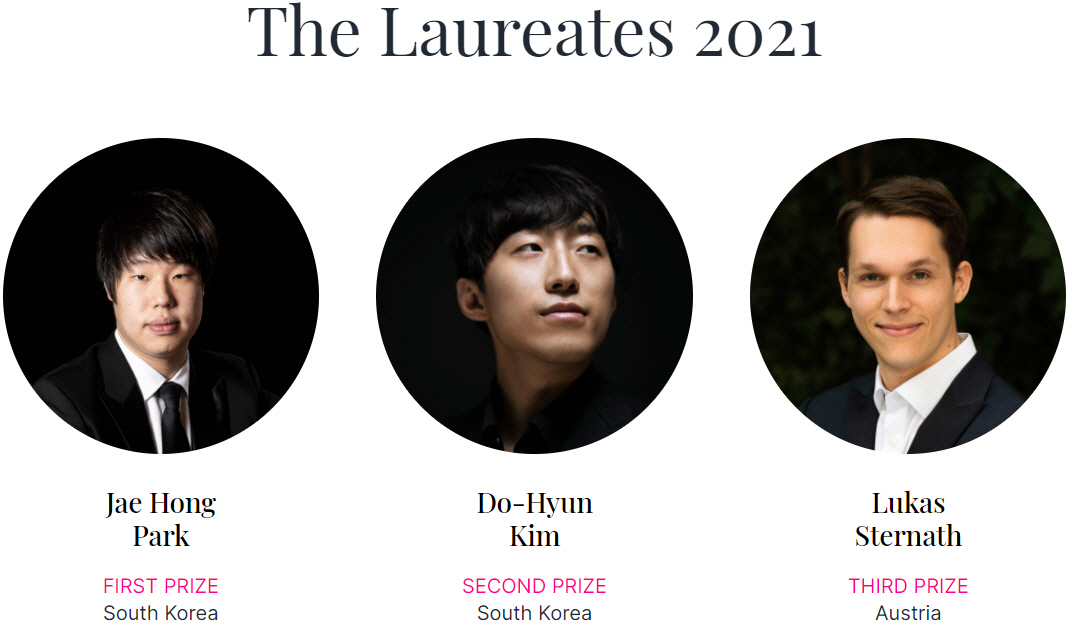 ▲부소니 피아노 콩쿠르 수상자 명단. 왼쪽부터 1위 박재홍, 2위 김도현, 3위 루카스 슈테어나트. 출처 부소니 콩쿠르 웹사이트