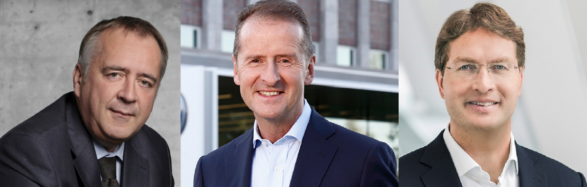 ▲왼쪽부터 군나르 헤르만 포드 유럽이사회 의장, 헤르베르트 디스 폭스바겐 최고경영자(CEO), 올라 켈레니우스 다임러 CEO. 출처 각사 웹사이트
