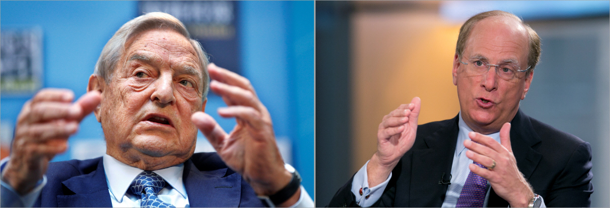 ▲조지 소로스(왼쪽) 소로스펀드매니지먼트 회장과 래리 핑크 블랙록 최고경영자(CEO). AP뉴시스