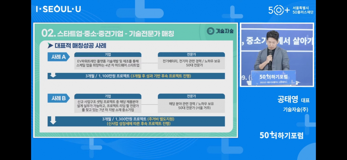 ▲제조산업 전문가 매칭 플랫폼 기업 ‘기술자숲㈜’ 공태영 대표.(온라인 포럼 ‘50+기술전문가, 중소기업에서 살아가기’ 캡처)